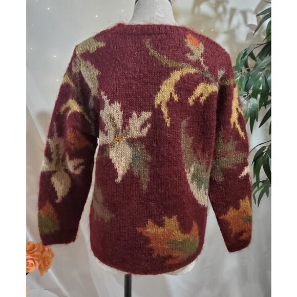 Vtg 90s Talbots Hand Knit Floral Leaves Mohair Blend Sweater Size M Chunky Fall - Picture 3 of 8